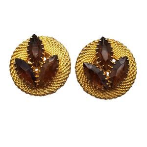 Retro Gold Mesh Clip on Earrings Brown Glass Bling MCM Rhinestones Vintage 1960s
